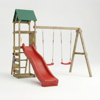 Parque infantil de madera Maxplay 2.1 con tobogán rojo, doble columpio y zona de escalada para jardín