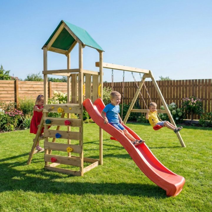 Parque infantil de madera Maxplay 2.1 con tobogán rojo, doble columpio y zona de escalada para jardín