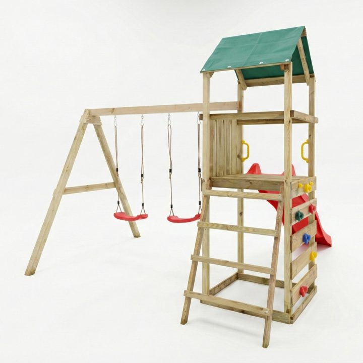 Parque infantil de madera Maxplay 2.1 con tobogán rojo, doble columpio y zona de escalada para jardín