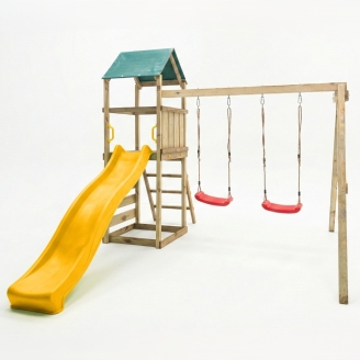 Parque infantil de madera Maxplay 2.1 con tobogán amarillo, doble columpio y zona de escalada para jardín