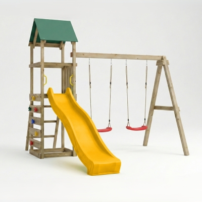 Parque infantil de madera Maxplay 2.1 con tobogán amarillo, doble columpio y zona de escalada para jardín