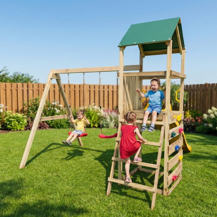 Parque infantil de madera Maxplay 2.1 con tobogán amarillo, doble columpio y zona de escalada para jardín