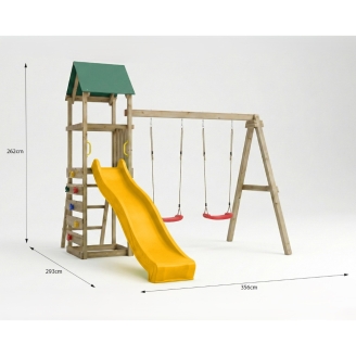 Parque infantil de madera Maxplay 2.1 con tobogán amarillo, doble columpio y zona de escalada para jardín
