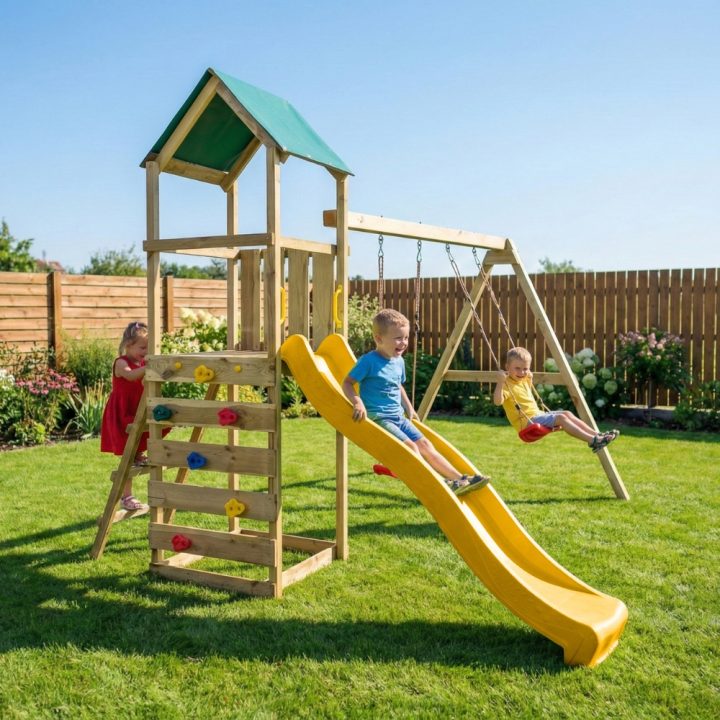 Parque infantil de madera Maxplay 2.1 con tobogán amarillo, doble columpio y zona de escalada para jardín