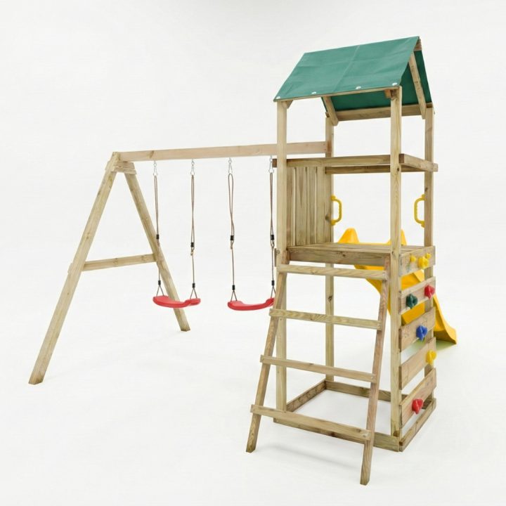 Parque infantil de madera Maxplay 2.1 con tobogán amarillo, doble columpio y zona de escalada para jardín