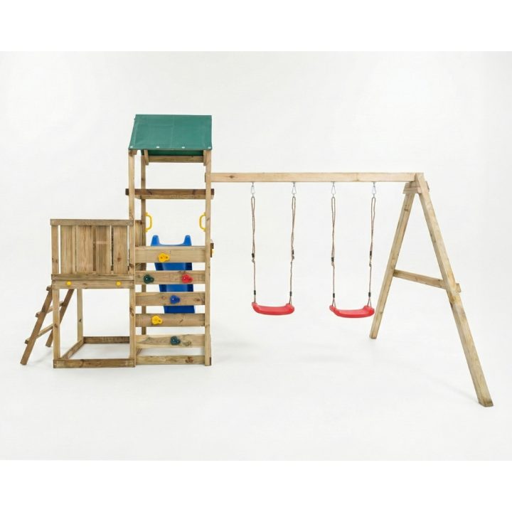 Parque infantil de madera Maxplay 3.1 con torre, tobogán azul, doble columpio y arenero