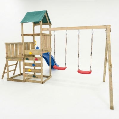 Parque infantil de madera Maxplay 3.1 con torre, tobogán azul, doble columpio y arenero