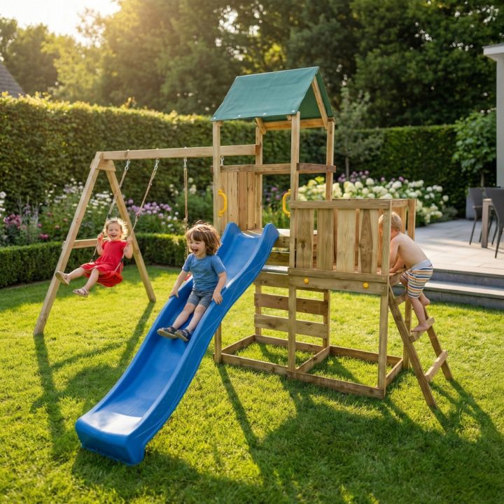Parque infantil de madera Maxplay 3.1 con torre, tobogán azul, doble columpio y arenero