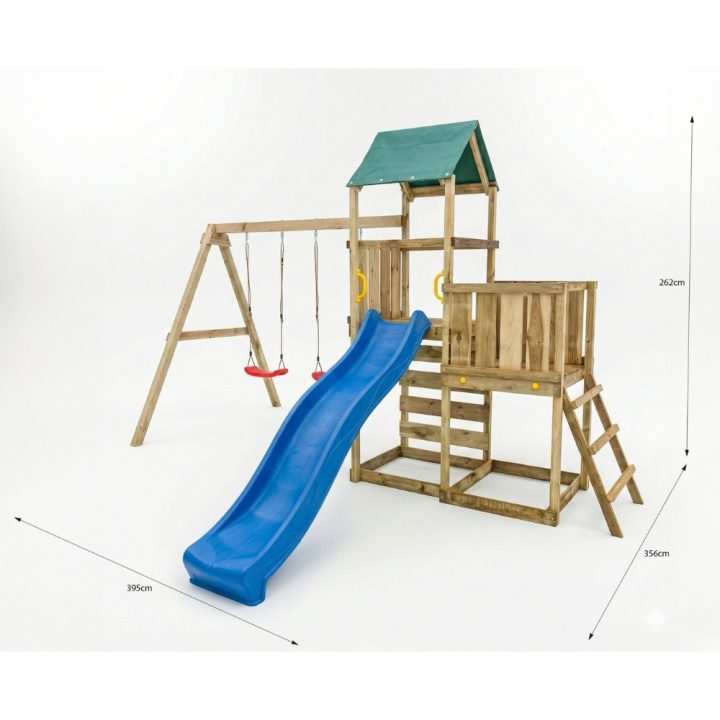 Parque infantil de madera Maxplay 3.1 con torre, tobogán azul, doble columpio y arenero