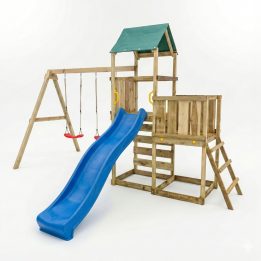 Parque infantil de madera Maxplay 3.1 con torre, tobogán azul, doble columpio y arenero