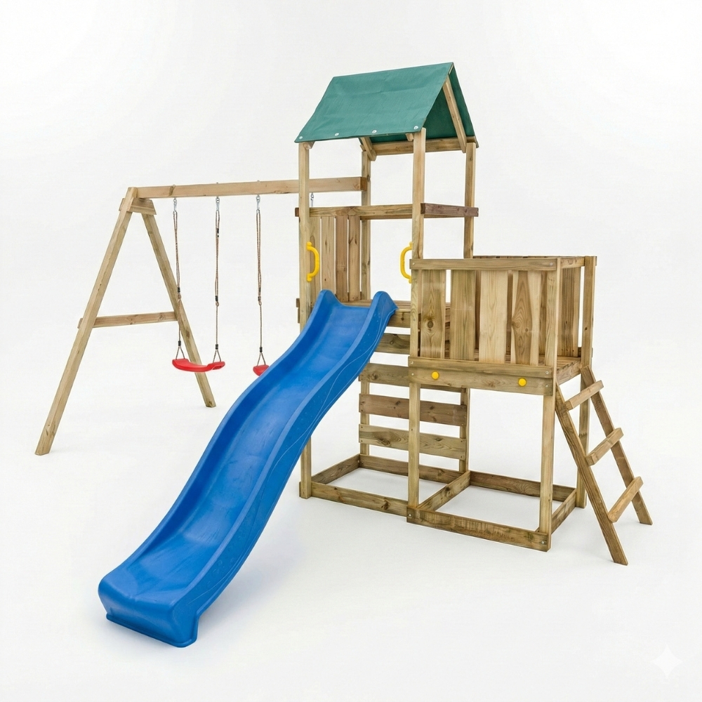 Parque infantil de madera Maxplay 3.1 con torre, tobogán azul, doble columpio y arenero