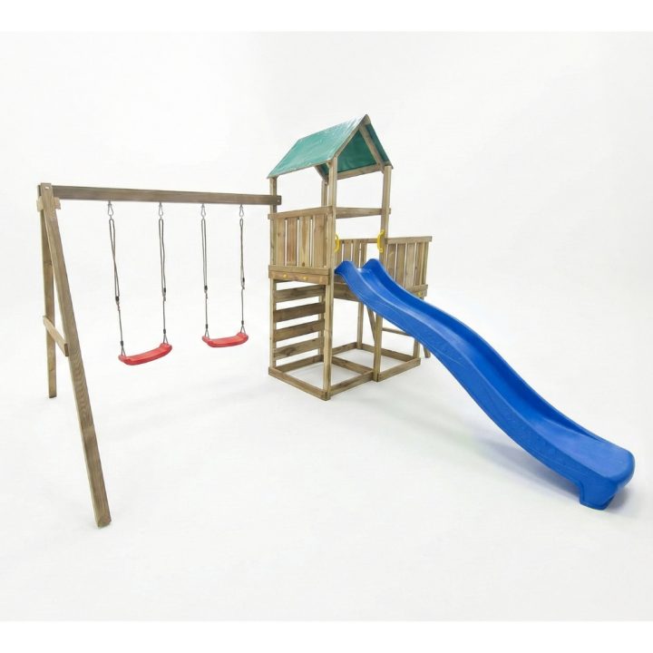 Parque infantil de madera Maxplay 3.1 con torre, tobogán azul, doble columpio y arenero