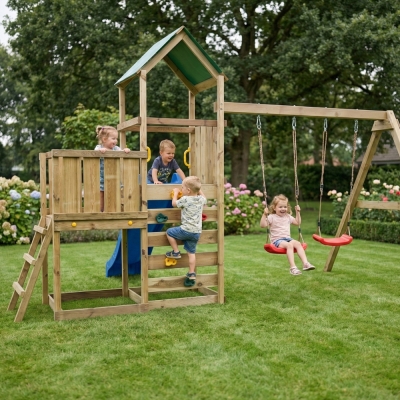 Parque infantil de madera Maxplay 3.1 con torre, tobogán azul, doble columpio y arenero