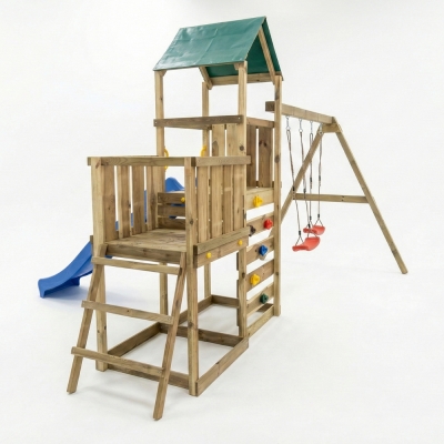 Parque infantil de madera Maxplay 3.1 con torre, tobogán azul, doble columpio y arenero