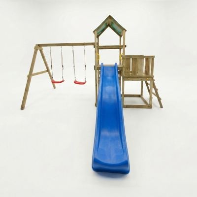Parque infantil de madera Maxplay 3.1 con torre, tobogán azul, doble columpio y arenero