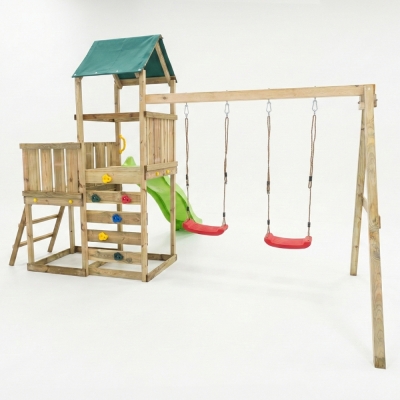 Parque infantil de madera Maxplay 3.1 con torre, tobogán verde, doble columpio y arenero