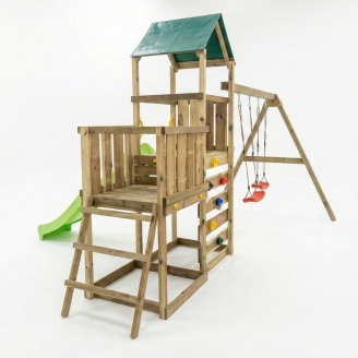 Parque infantil de madera Maxplay 3.1 con torre, tobogán verde, doble columpio y arenero