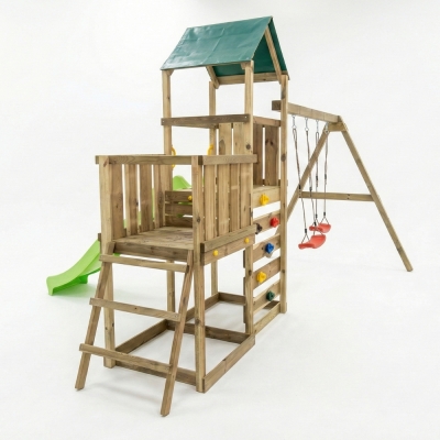 Parque infantil de madera Maxplay 3.1 con torre, tobogán verde, doble columpio y arenero