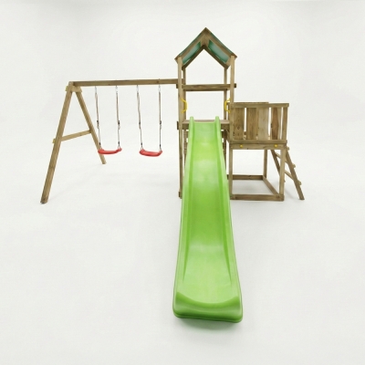Parque infantil de madera Maxplay 3.1 con torre, tobogán verde, doble columpio y arenero