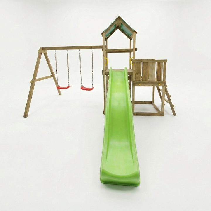 Parque infantil de madera Maxplay 3.1 con torre, tobogán verde, doble columpio y arenero