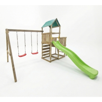 Parque infantil de madera Maxplay 3.1 con torre, tobogán verde, doble columpio y arenero