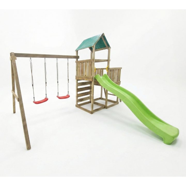 Parque infantil de madera Maxplay 3.1 con torre, tobogán verde, doble columpio y arenero