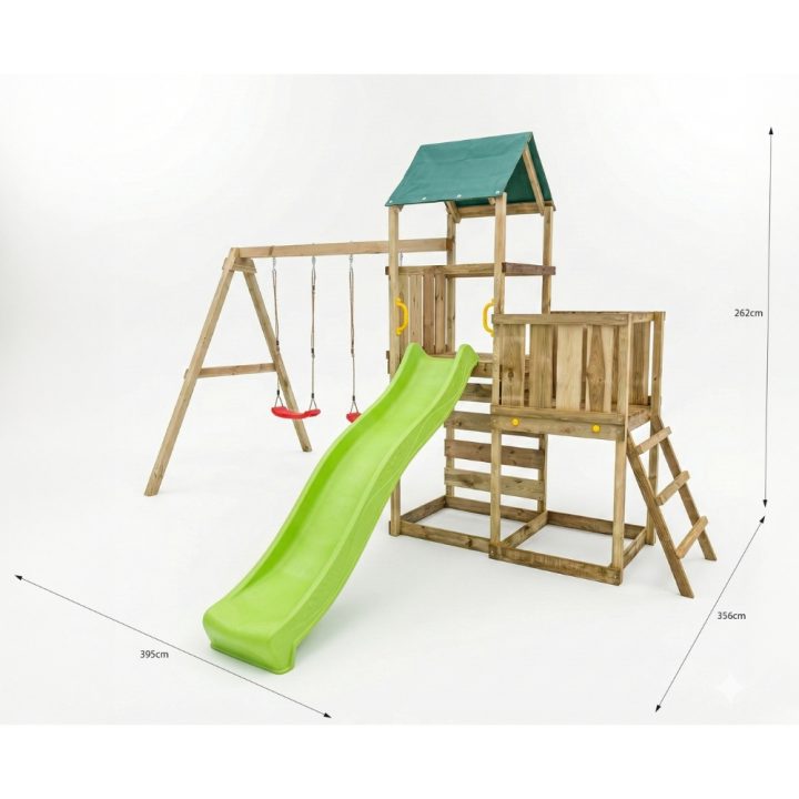 Parque infantil de madera Maxplay 3.1 con torre, tobogán verde, doble columpio y arenero