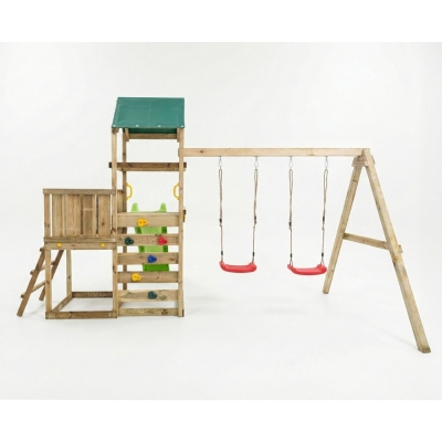 Parque infantil de madera Maxplay 3.1 con torre, tobogán verde, doble columpio y arenero