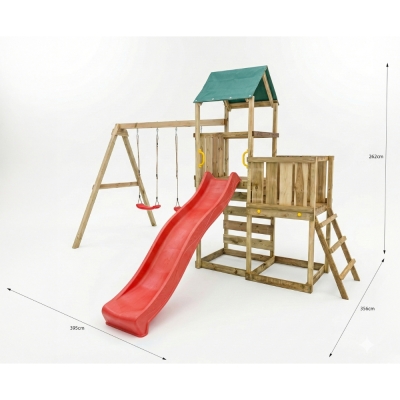 Parque infantil de madera Maxplay 3.1 con torre, tobogán rojo, doble columpio y arenero