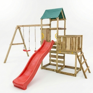Parque infantil de madera Maxplay 3.1 con torre, tobogán rojo, doble columpio y arenero