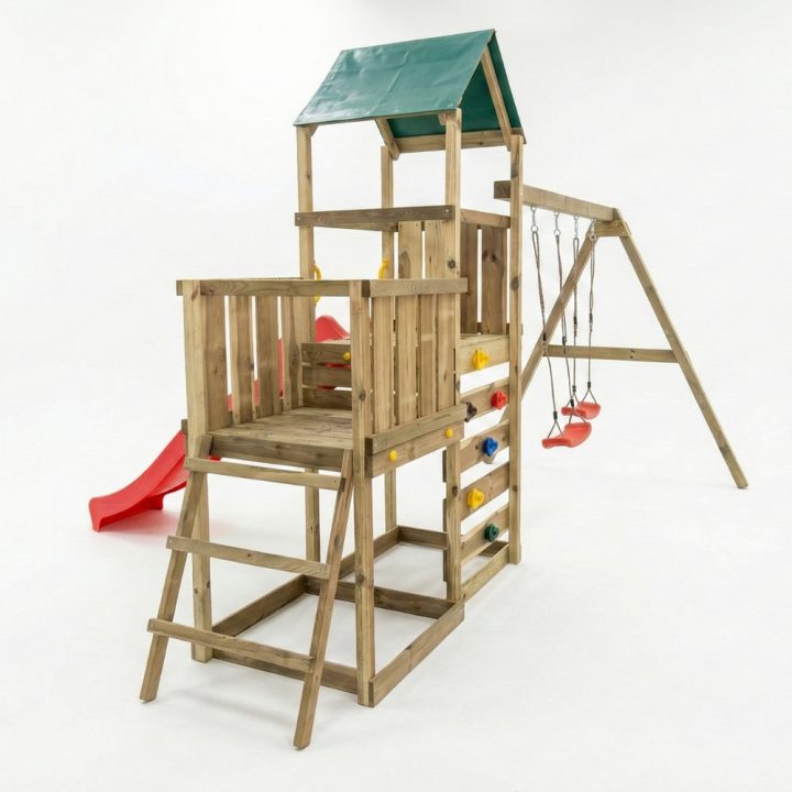 Parque infantil de madera Maxplay 3.1 con torre, tobogán rojo, doble columpio y arenero