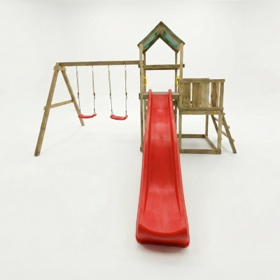 Parque infantil de madera Maxplay 3.1 con torre, tobogán rojo, doble columpio y arenero