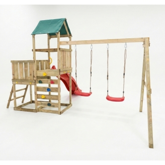 Parque infantil de madera Maxplay 3.1 con torre, tobogán rojo, doble columpio y arenero