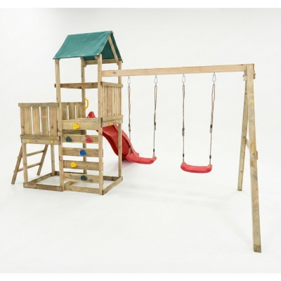 Parque infantil de madera Maxplay 3.1 con torre, tobogán rojo, doble columpio y arenero