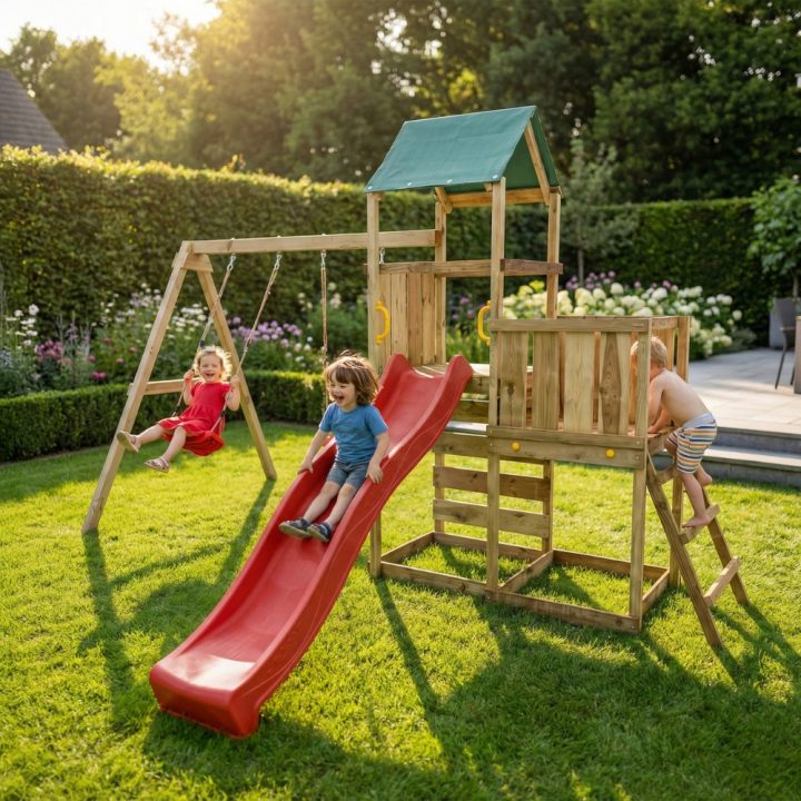 Parque infantil de madera Maxplay 3.1 con torre, tobogán rojo, doble columpio y arenero