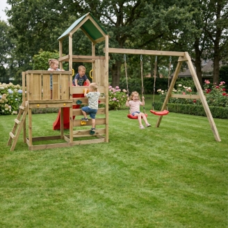 Parque infantil de madera Maxplay 3.1 con torre, tobogán rojo, doble columpio y arenero