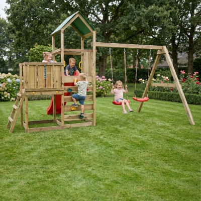 Parque infantil de madera Maxplay 3.1 con torre, tobogán rojo, doble columpio y arenero