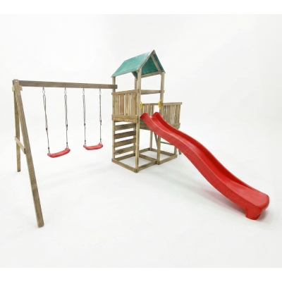 Parque infantil de madera Maxplay 3.1 con torre, tobogán rojo, doble columpio y arenero