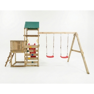 Parque infantil de madera Maxplay 3.1 con torre, tobogán rojo, doble columpio y arenero