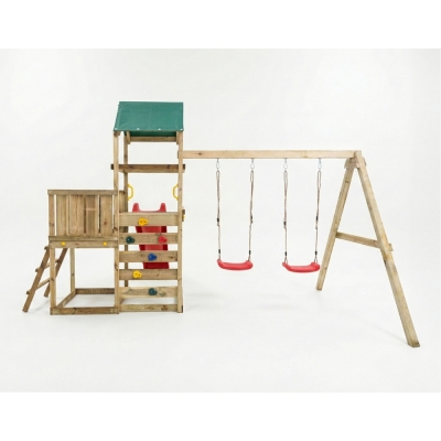 Parque infantil de madera Maxplay 3.1 con torre, tobogán rojo, doble columpio y arenero