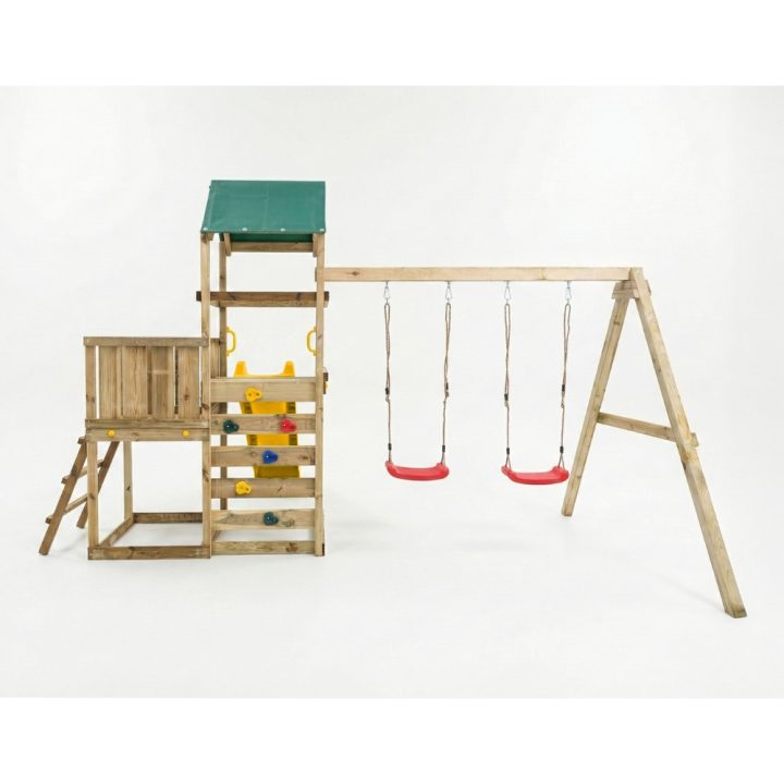 Parque infantil de madera Maxplay 3.1 con torre, tobogán amarillo, doble columpio y arenero