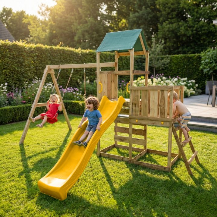 Parque infantil de madera Maxplay 3.1 con torre, tobogán amarillo, doble columpio y arenero