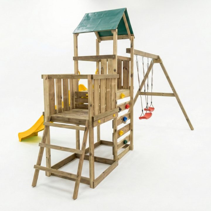 Parque infantil de madera Maxplay 3.1 con torre, tobogán amarillo, doble columpio y arenero