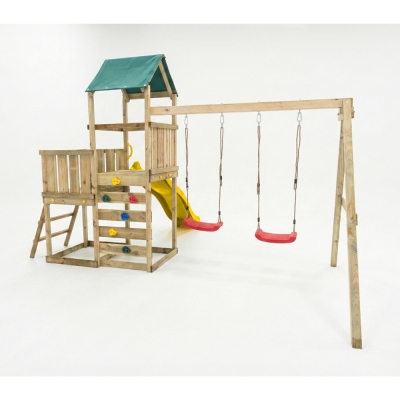 Parque infantil de madera Maxplay 3.1 con torre, tobogán amarillo, doble columpio y arenero