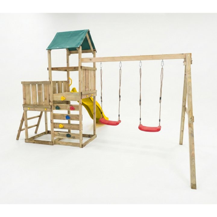 Parque infantil de madera Maxplay 3.1 con torre, tobogán amarillo, doble columpio y arenero