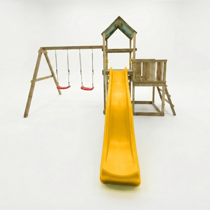 Parque infantil de madera Maxplay 3.1 con torre, tobogán amarillo, doble columpio y arenero