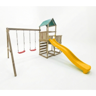Parque infantil de madera Maxplay 3.1 con torre, tobogán amarillo, doble columpio y arenero