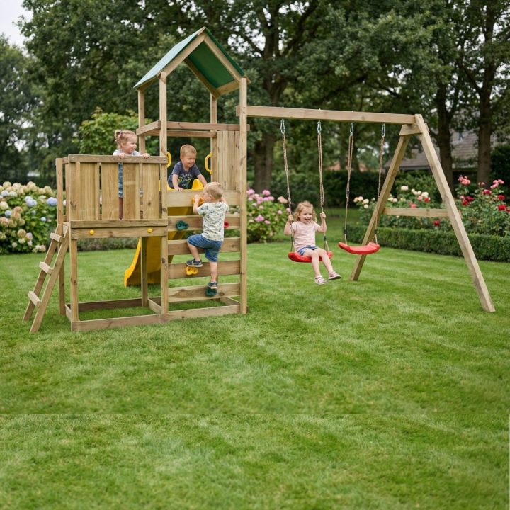 Parque infantil de madera Maxplay 3.1 con torre, tobogán amarillo, doble columpio y arenero
