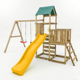 Parque infantil de madera Maxplay 3.1 con torre, tobogán amarillo, doble columpio y arenero