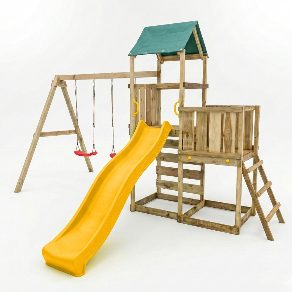 Parque infantil de madera Maxplay 3.1 con torre, tobogán amarillo, doble columpio y arenero